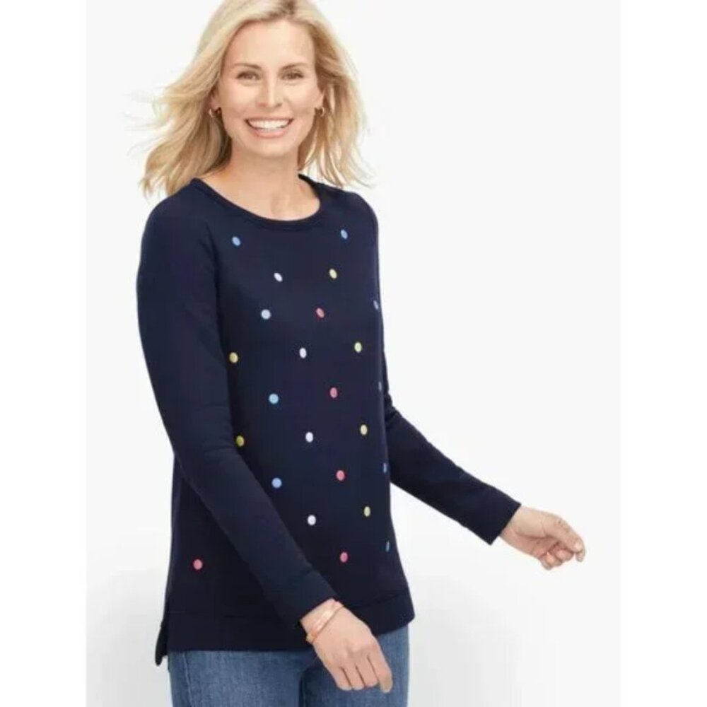 Talbots Navy Blue Embroidered Polka Dot Sweater